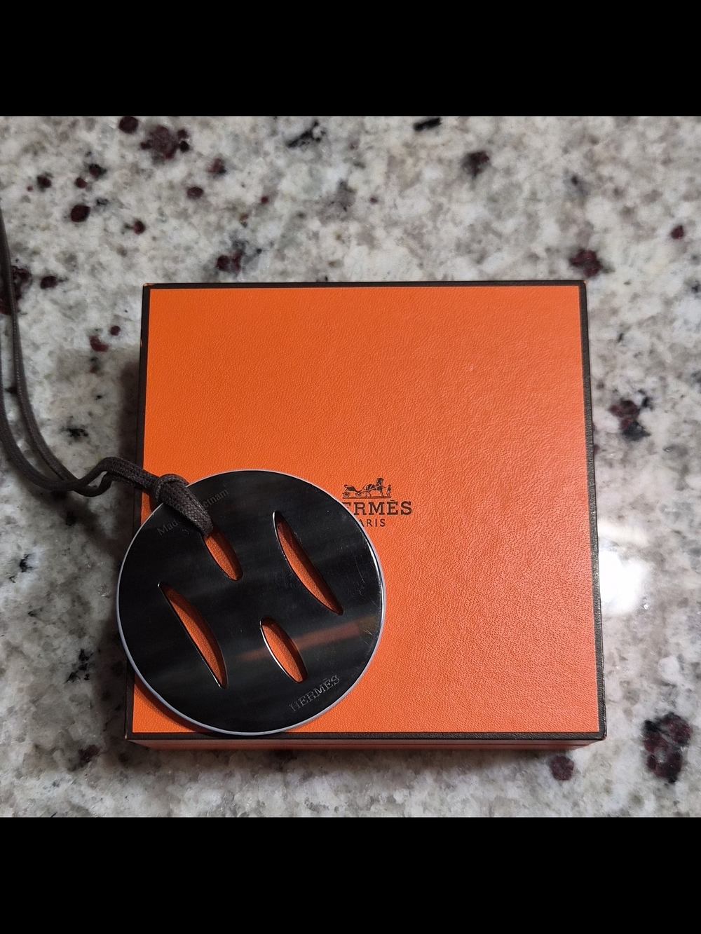 Authentic Hermès Tonkin Buffalo Horn Pendant Necklace H Cutout Dark Brown RARE